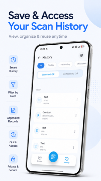 QrBit Scan and Generation History timeline with date filters
